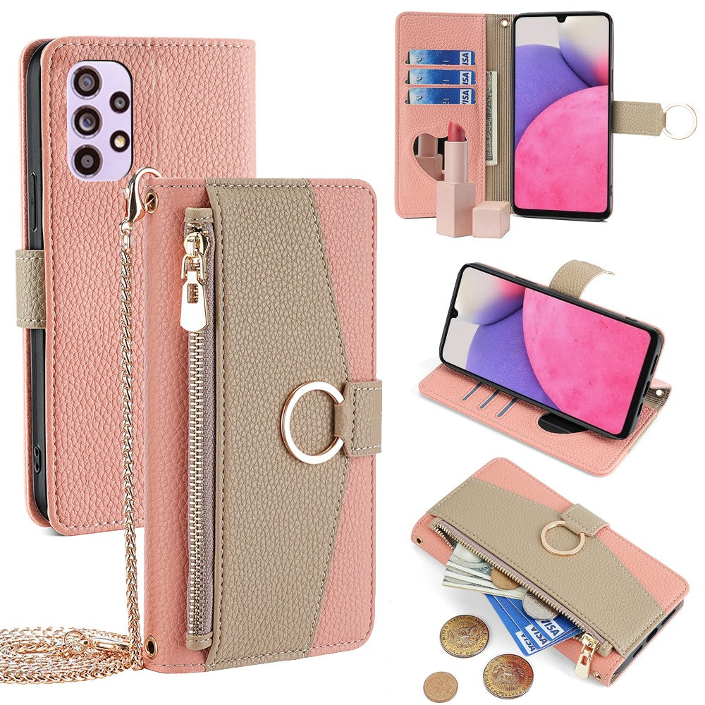 Galaxy A33 5G Wallet-Hülle – Litschi-Textur, mit Spiegel & Kettenschultergurt