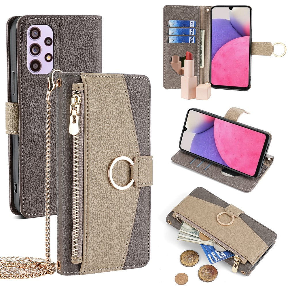 Galaxy A33 5G Wallet-Hülle – Litschi-Textur, mit Spiegel & Kettenschultergurt