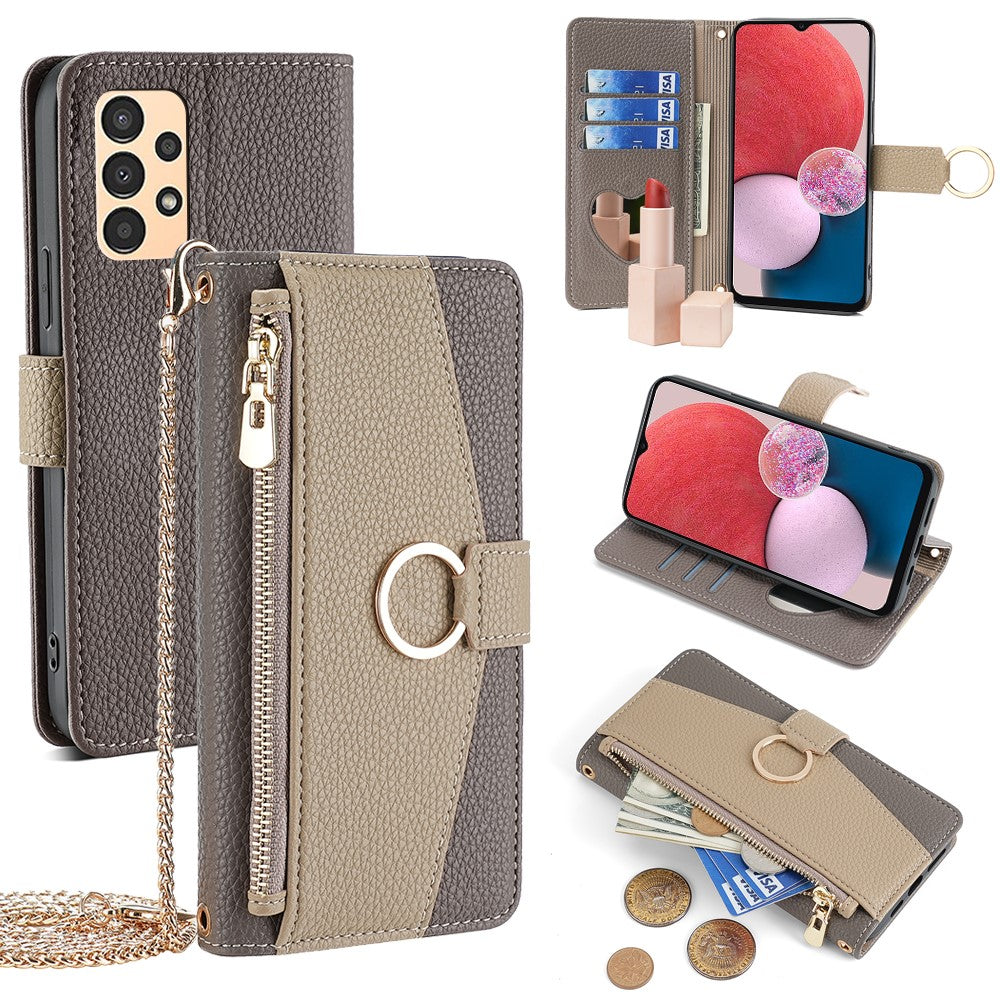 Galaxy A13 4G Wallet-Hülle – Litschi-Textur, mit Spiegel & Kettenschultergurt