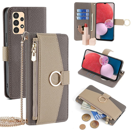 Galaxy A13 4G Wallet-Hülle – Litschi-Textur, mit Spiegel & Kettenschultergurt