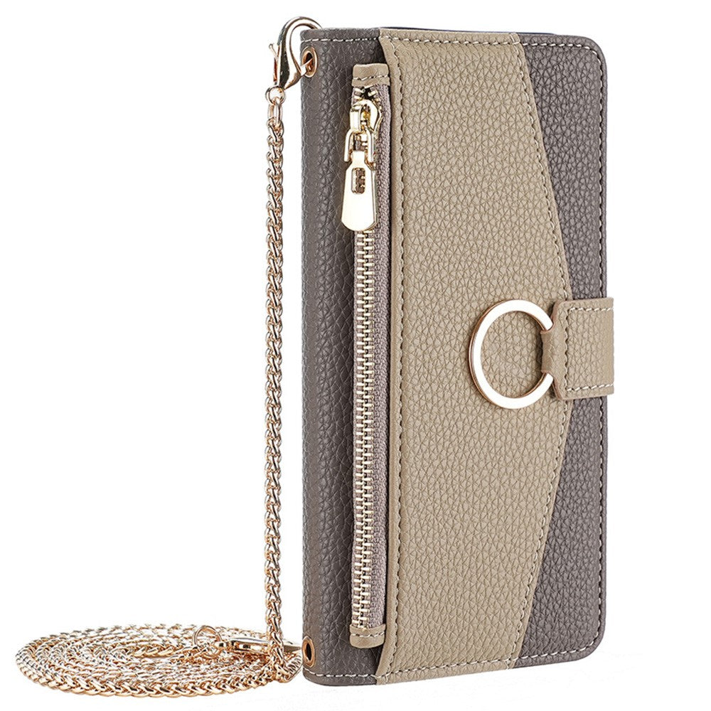 Galaxy A13 4G Wallet-Hülle – Litschi-Textur, mit Spiegel & Kettenschultergurt