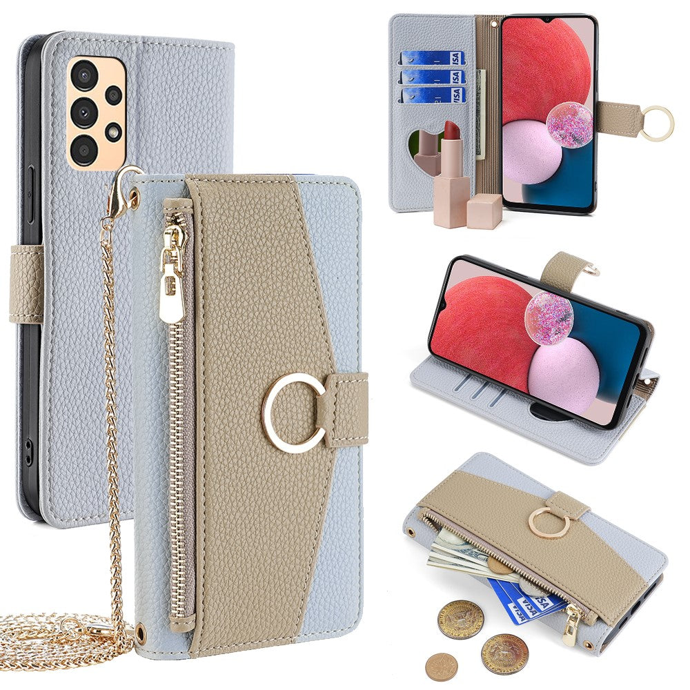 Galaxy A13 4G Wallet-Hülle – Litschi-Textur, mit Spiegel & Kettenschultergurt