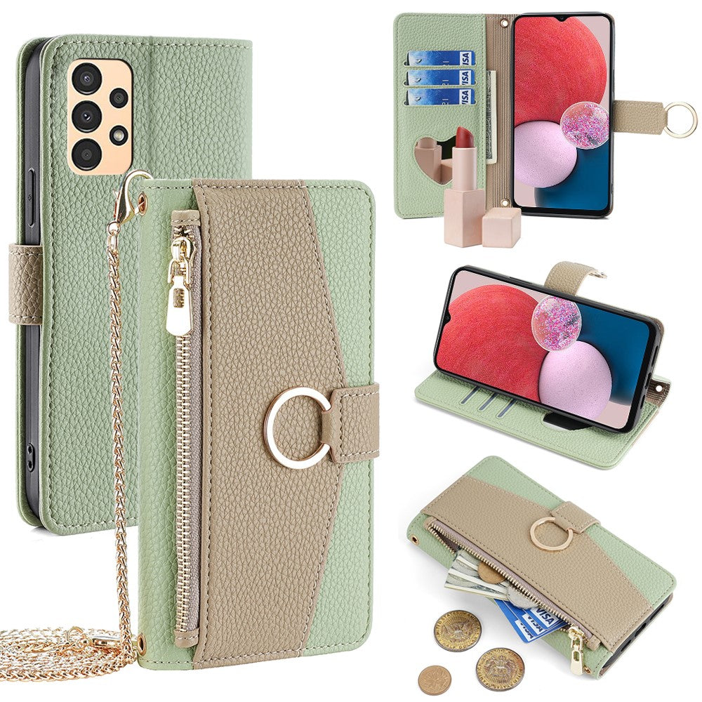 Galaxy A13 4G Wallet-Hülle – Litschi-Textur, mit Spiegel & Kettenschultergurt