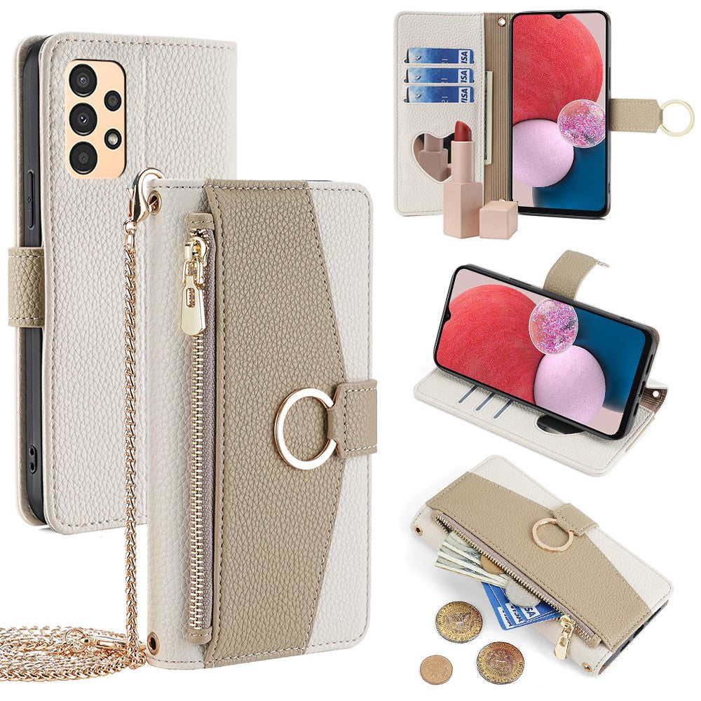 Galaxy A13 4G Wallet-Hülle – Litschi-Textur, mit Spiegel & Kettenschultergurt