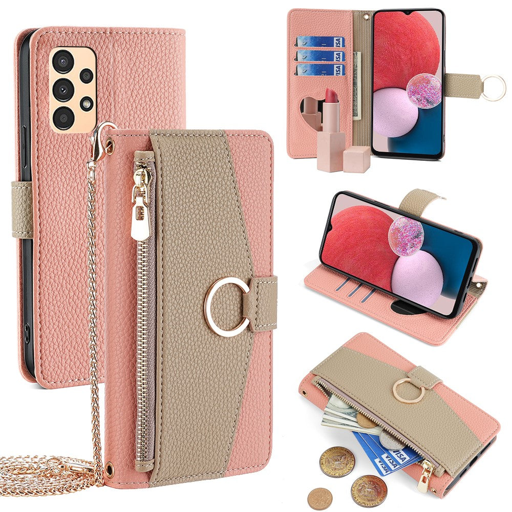 Galaxy A13 4G Wallet-Hülle – Litschi-Textur, mit Spiegel & Kettenschultergurt