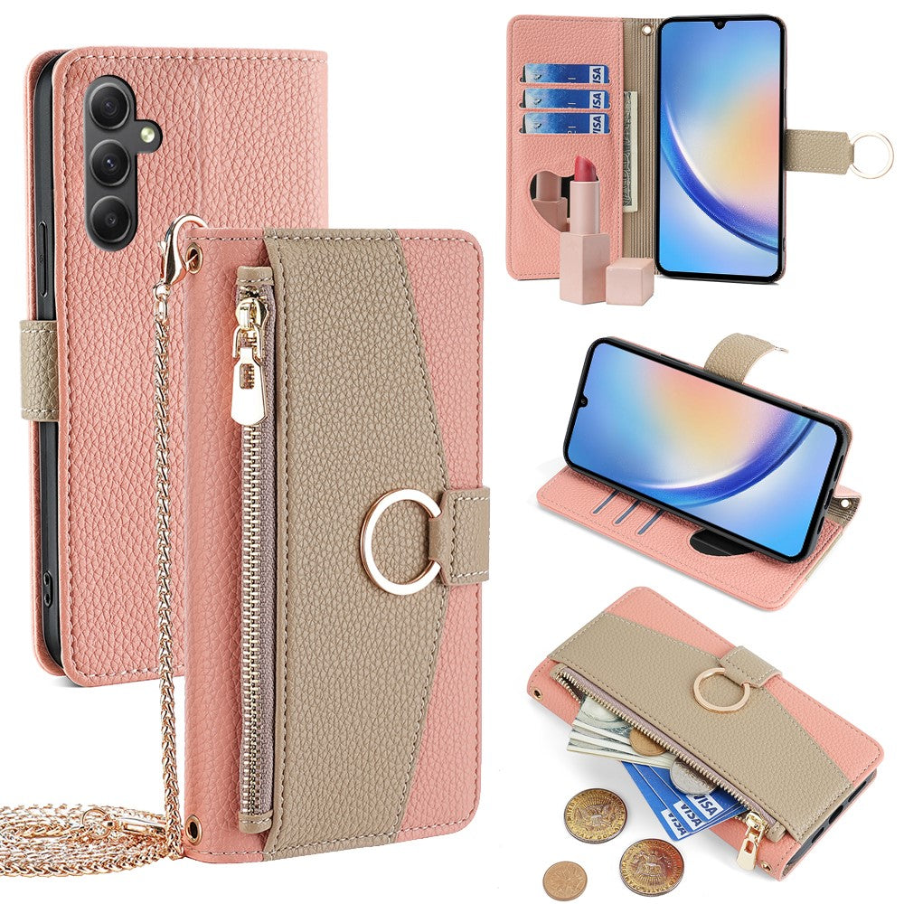 Galaxy A34 5G Wallet-Hülle – Litschi-Textur, mit Spiegel & Kettenschultergurt