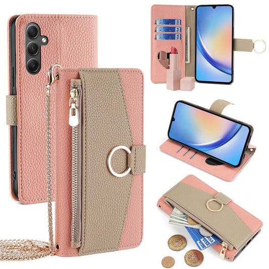 Galaxy A34 5G Wallet-Hülle – Litschi-Textur, mit Spiegel & Kettenschultergurt