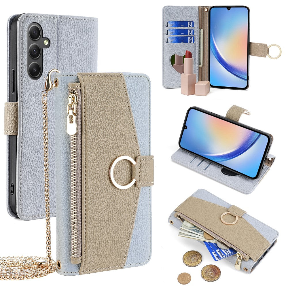 Galaxy A34 5G Wallet-Hülle – Litschi-Textur, mit Spiegel & Kettenschultergurt