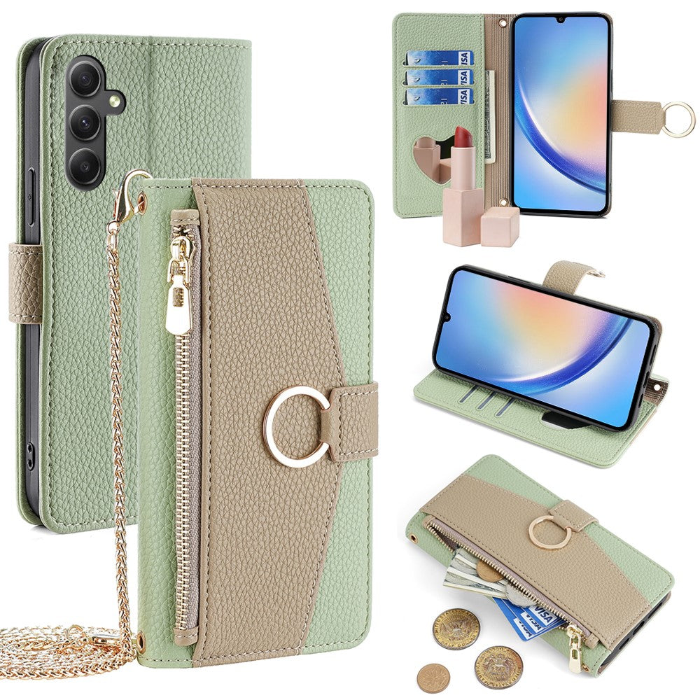 Galaxy A34 5G Wallet-Hülle – Litschi-Textur, mit Spiegel & Kettenschultergurt