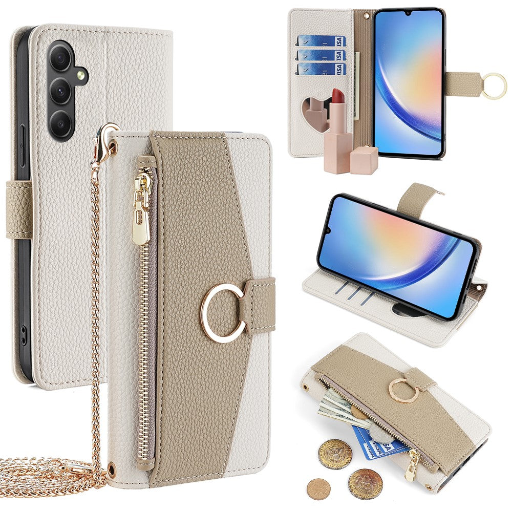 Galaxy A34 5G Wallet-Hülle – Litschi-Textur, mit Spiegel & Kettenschultergurt