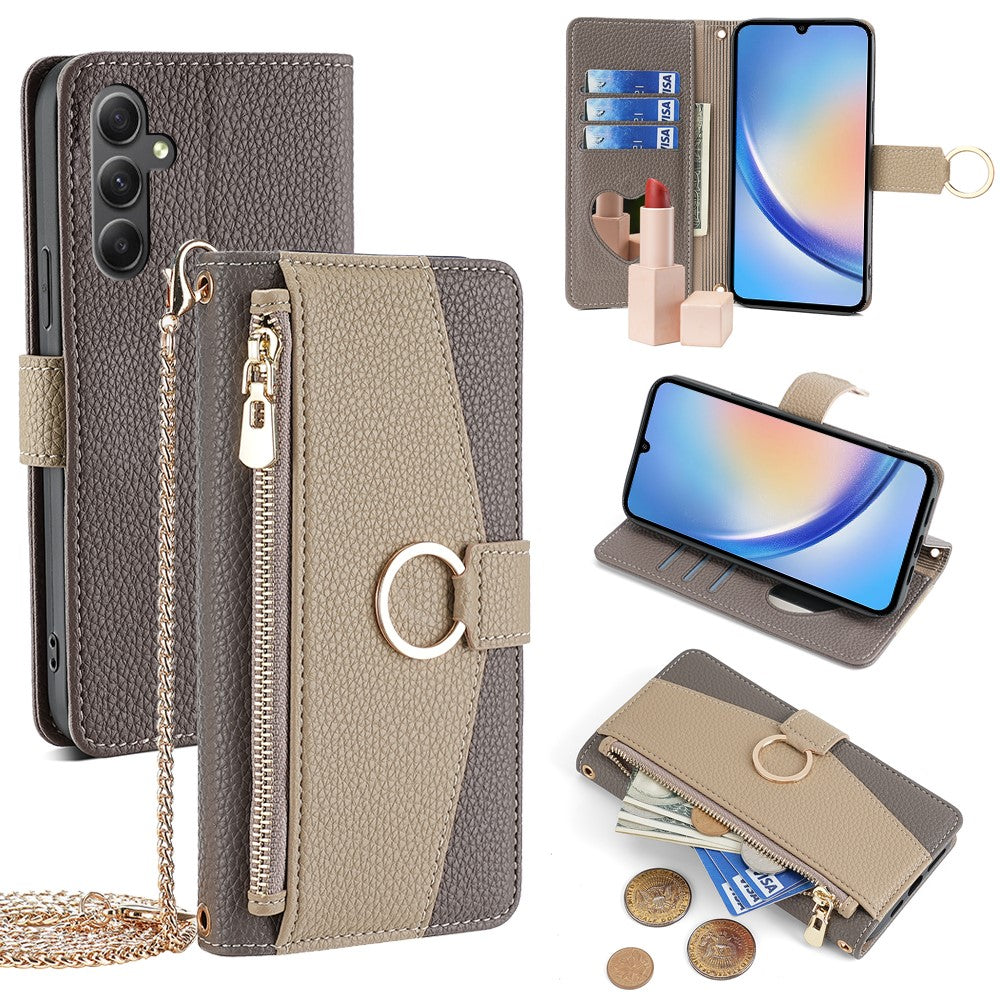 Galaxy A34 5G Wallet-Hülle – Litschi-Textur, mit Spiegel & Kettenschultergurt