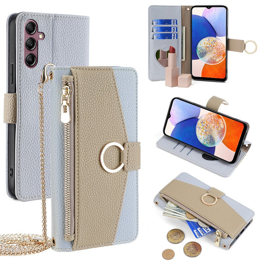 Galaxy A14 4G/5G Wallet-Hülle – Litschi-Textur, mit Spiegel & Kettenschultergurt