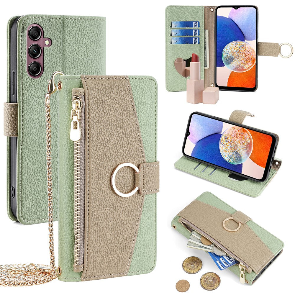 Galaxy A14 4G/5G Wallet-Hülle – Litschi-Textur, mit Spiegel & Kettenschultergurt