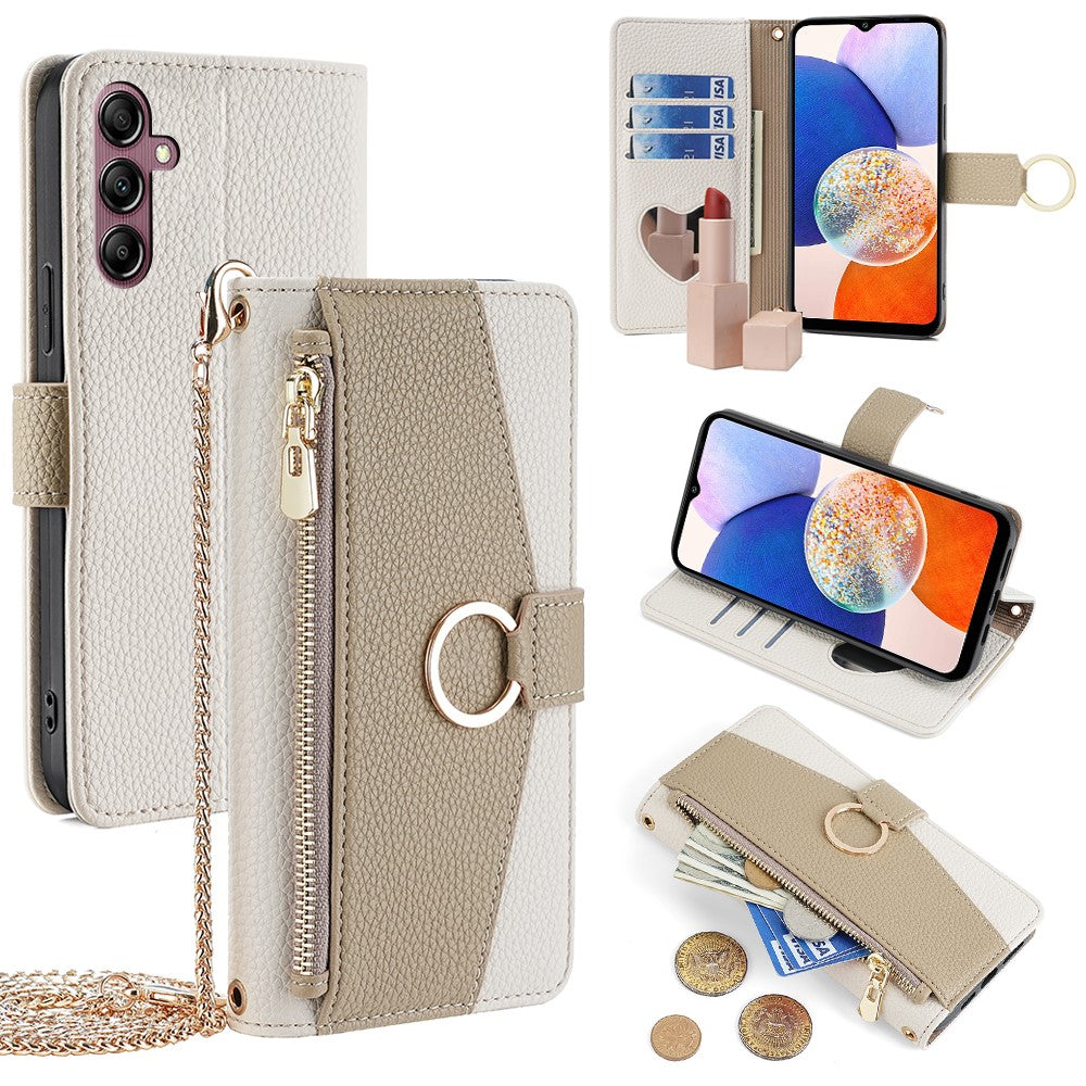 Galaxy A14 4G/5G Wallet-Hülle – Litschi-Textur, mit Spiegel & Kettenschultergurt