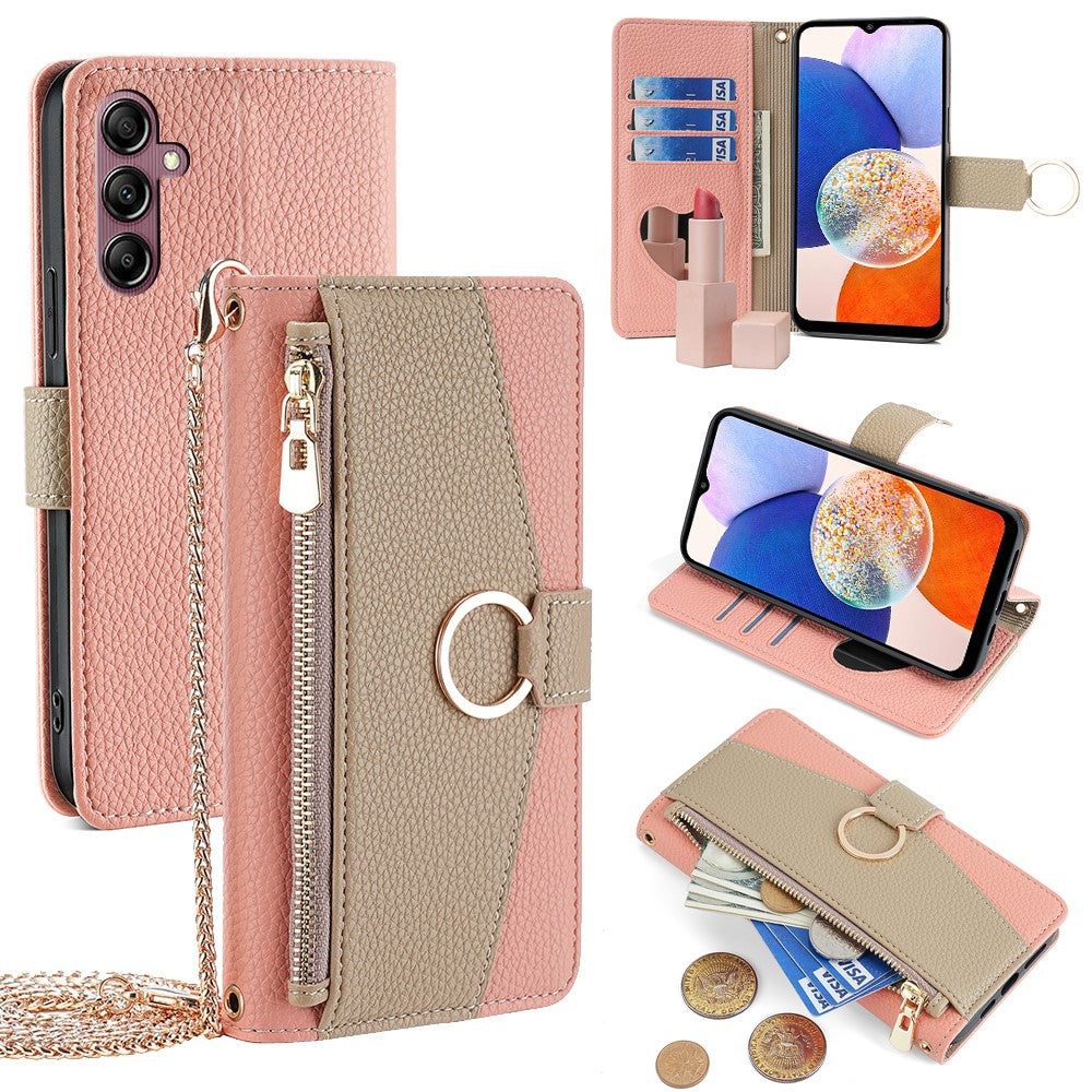 Galaxy A14 4G/5G Wallet-Hülle – Litschi-Textur, mit Spiegel & Kettenschultergurt