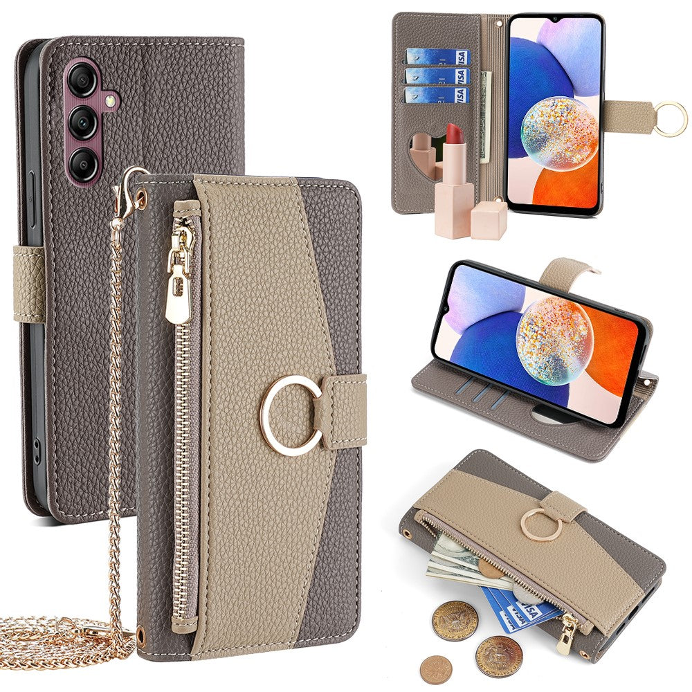 Galaxy A14 4G/5G Wallet-Hülle – Litschi-Textur, mit Spiegel & Kettenschultergurt