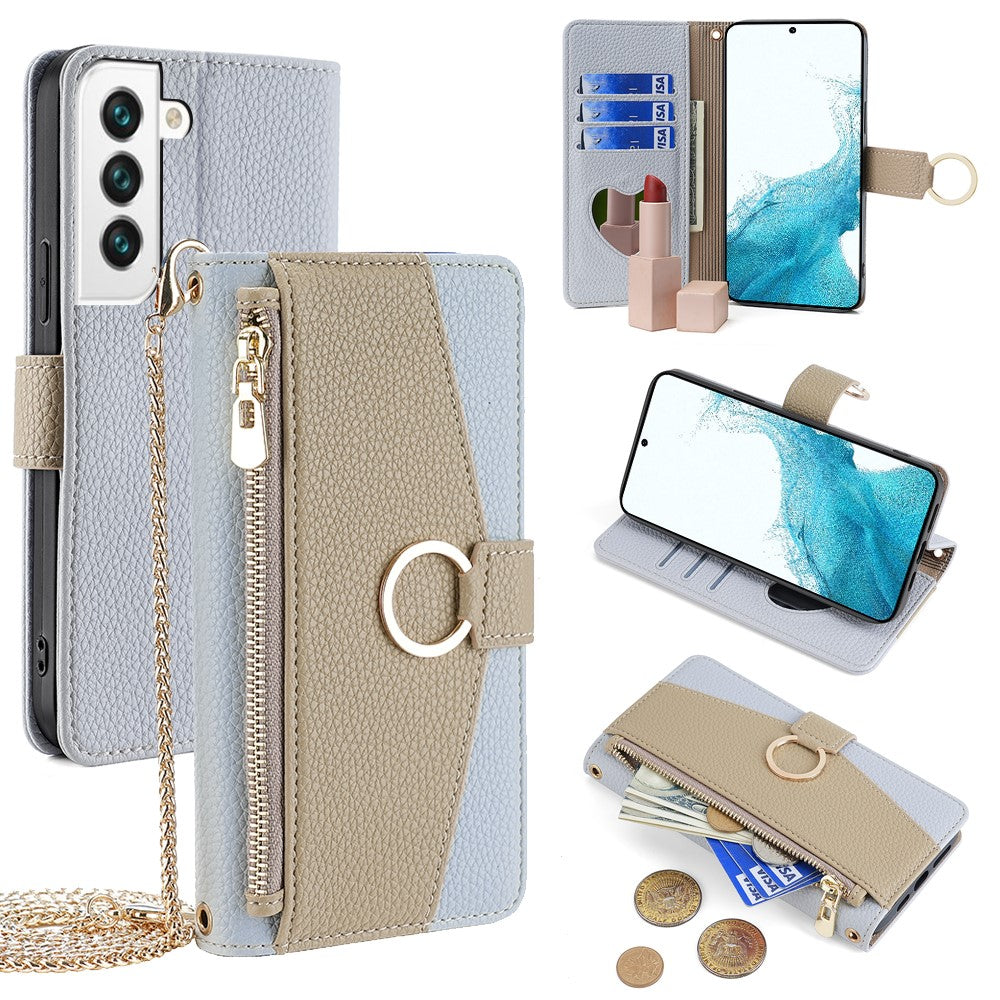 Galaxy S22 5G Wallet-Hülle – Litschi-Textur, mit Spiegel & Kettenschultergurt