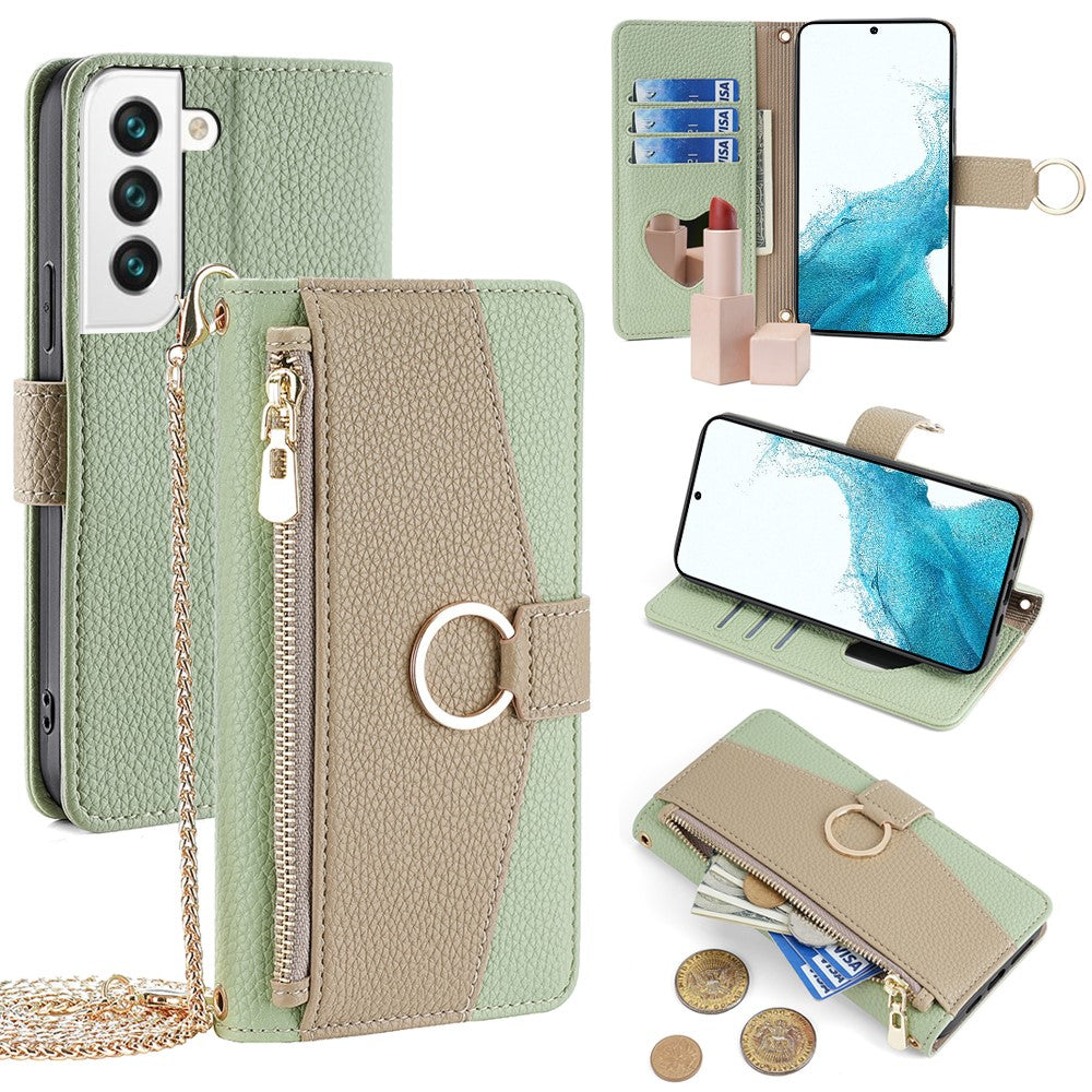 Galaxy S22 5G Wallet-Hülle – Litschi-Textur, mit Spiegel & Kettenschultergurt