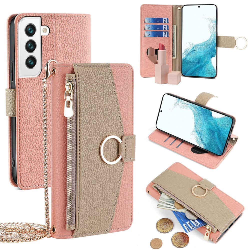 Galaxy S22 5G Wallet-Hülle – Litschi-Textur, mit Spiegel & Kettenschultergurt
