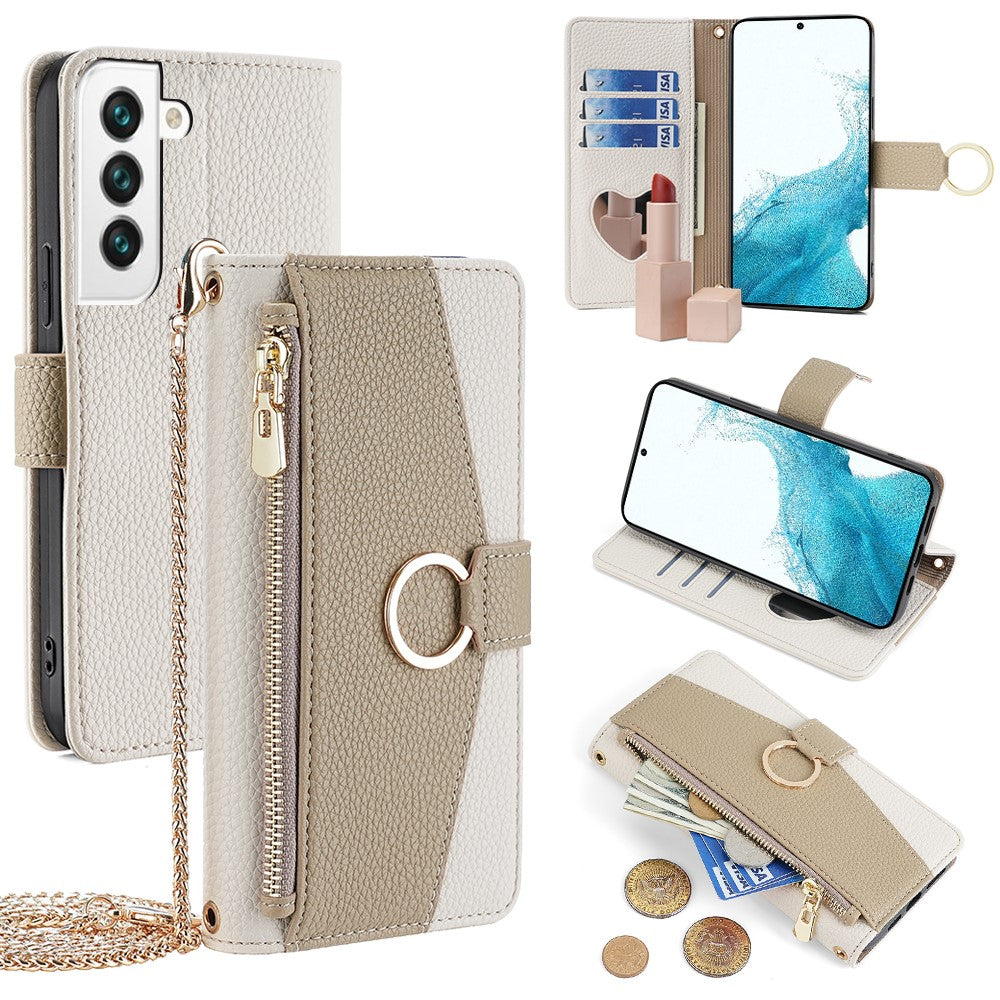 Galaxy S22 5G Wallet-Hülle – Litschi-Textur, mit Spiegel & Kettenschultergurt