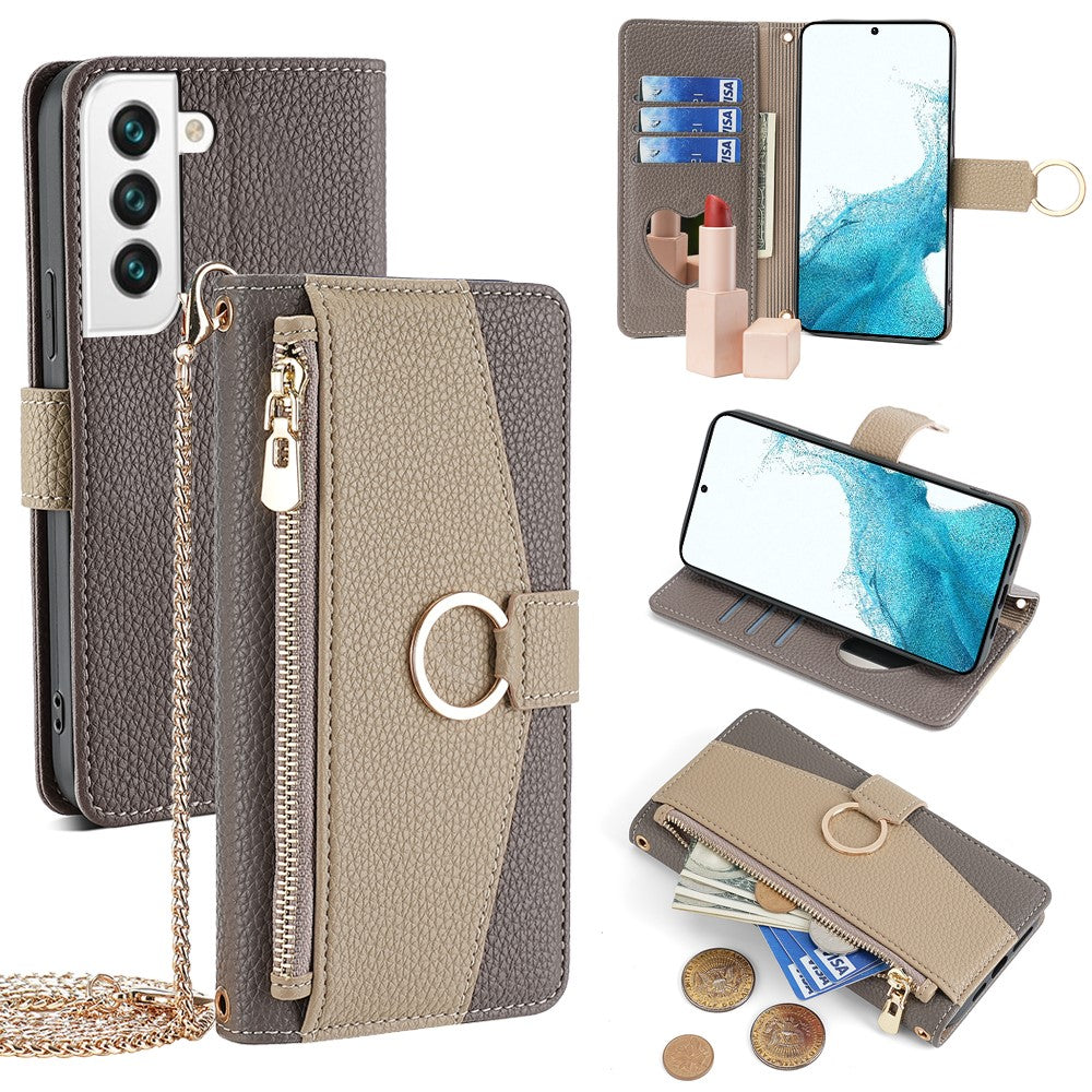 Galaxy S22 5G Wallet-Hülle – Litschi-Textur, mit Spiegel & Kettenschultergurt