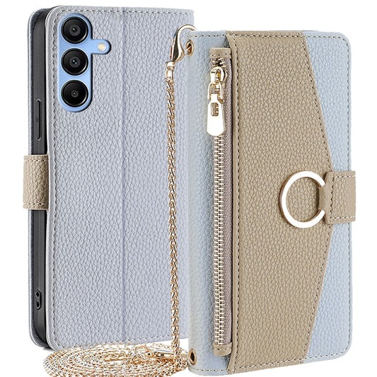 Galaxy A15 4G/5G Wallet-Hülle – Litschi-Textur, mit Spiegel & Kettenschultergurt