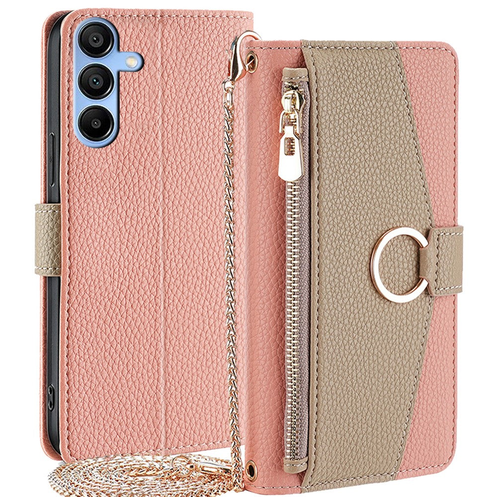 Galaxy A15 4G/5G Wallet-Hülle – Litschi-Textur, mit Spiegel & Kettenschultergurt