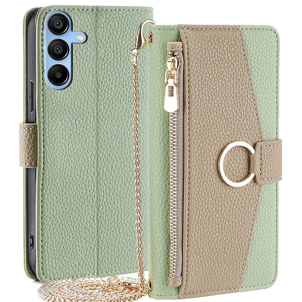 Galaxy A15 4G/5G Wallet-Hülle – Litschi-Textur, mit Spiegel & Kettenschultergurt