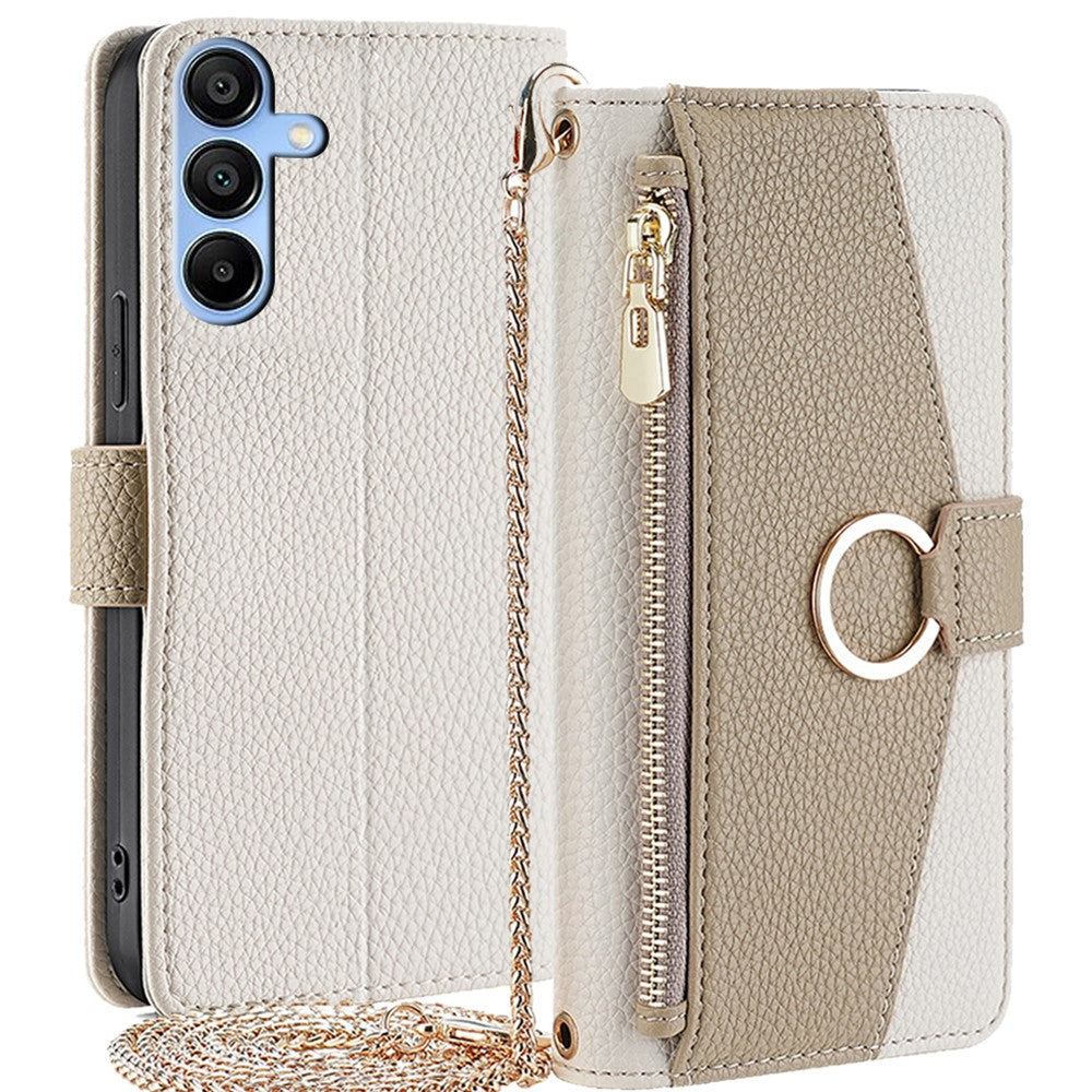Galaxy A15 4G/5G Wallet-Hülle – Litschi-Textur, mit Spiegel & Kettenschultergurt