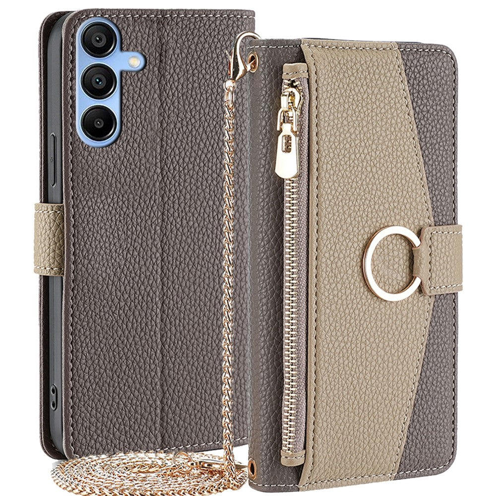 Galaxy A15 4G/5G Wallet-Hülle – Litschi-Textur, mit Spiegel & Kettenschultergurt