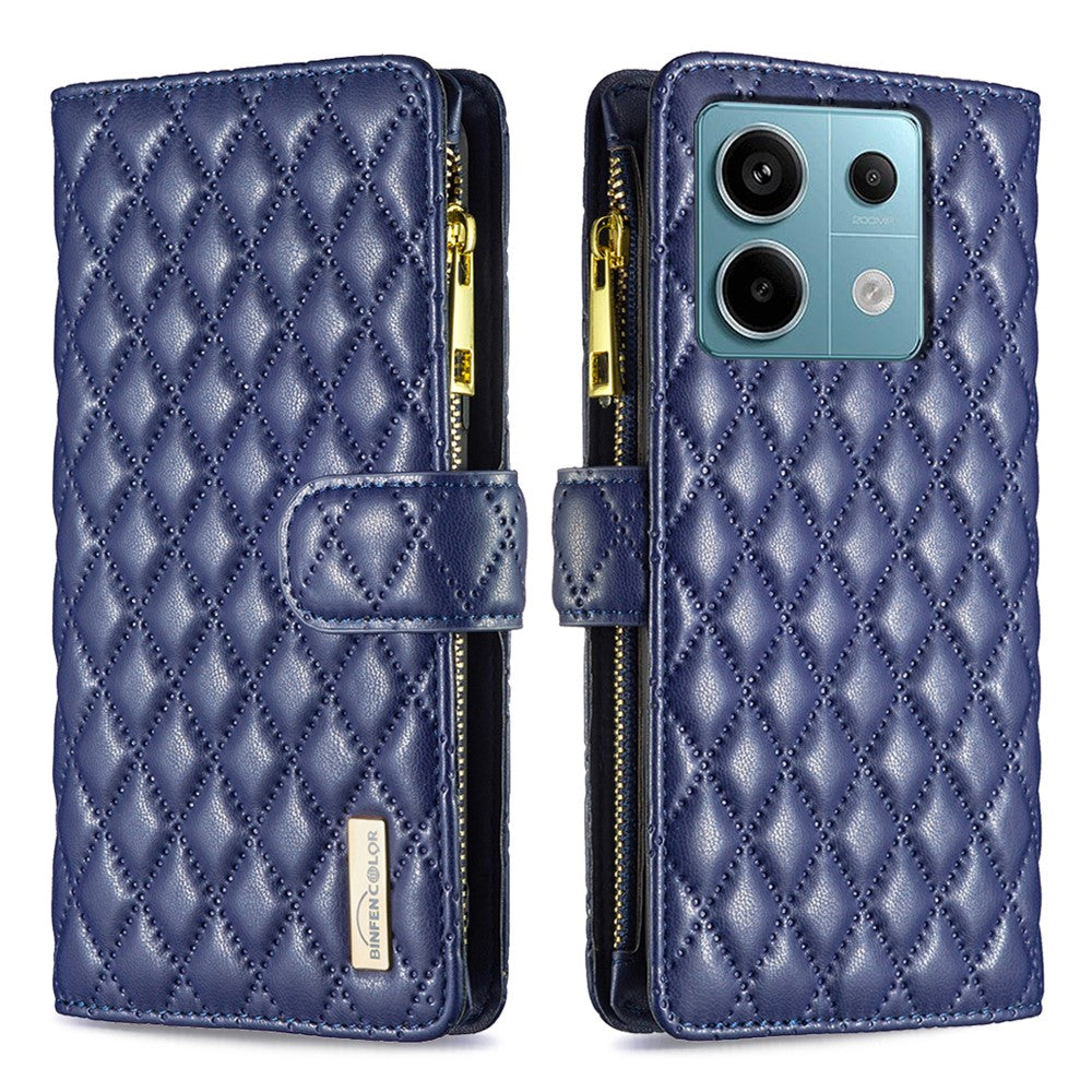 BINFEN COLOR BF Style-15 For Xiaomi Redmi Note 13 Pro 5G / Poco X6 5G Zipper Pocket Case Leather Rhombus Phone Cover