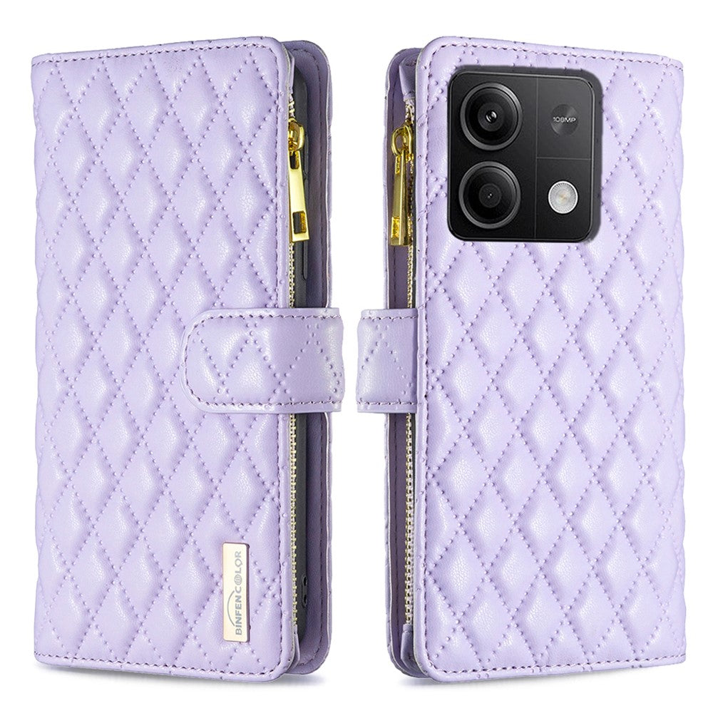 BINFEN COLOR BF Style-15 For Xiaomi Redmi Note 13 5G Zipper Leather Case Rhombus Handbag Phone Cover