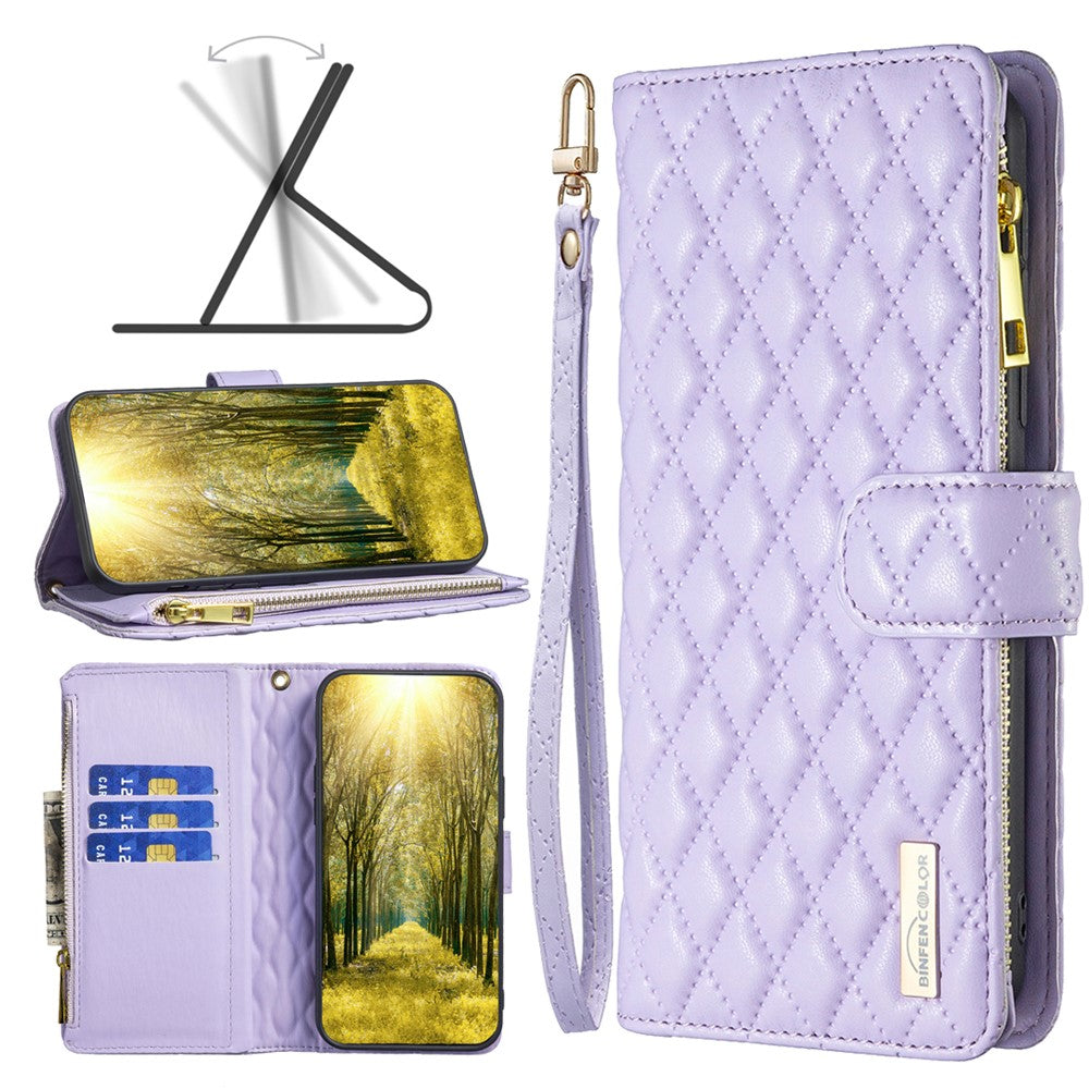 BINFEN COLOR BF Style-15 For Xiaomi Redmi Note 13 5G Zipper Leather Case Rhombus Handbag Phone Cover