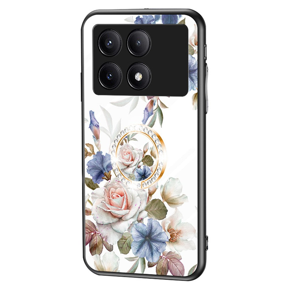 For Xiaomi Redmi K70E 5G / Poco X6 Pro 5G Case Tempered Glass Kickstand Cover Flower Pattern
