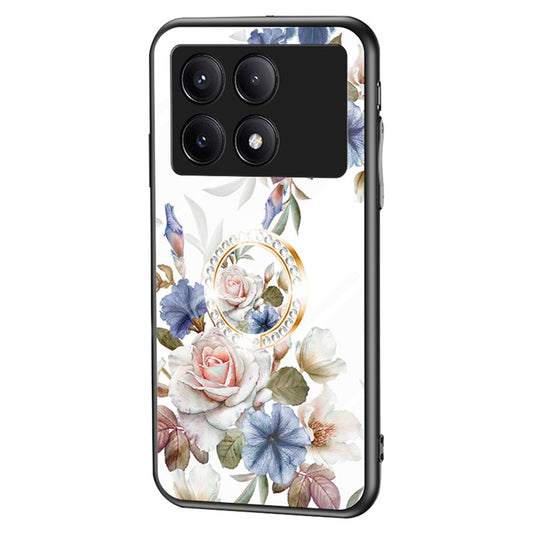 For Xiaomi Redmi K70E 5G / Poco X6 Pro 5G Case Tempered Glass Kickstand Cover Flower Pattern