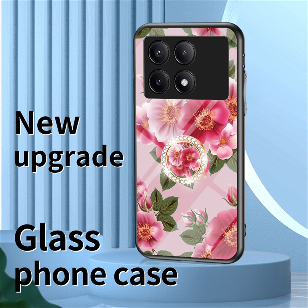 For Xiaomi Redmi K70E 5G / Poco X6 Pro 5G Case Tempered Glass Kickstand Cover Flower Pattern