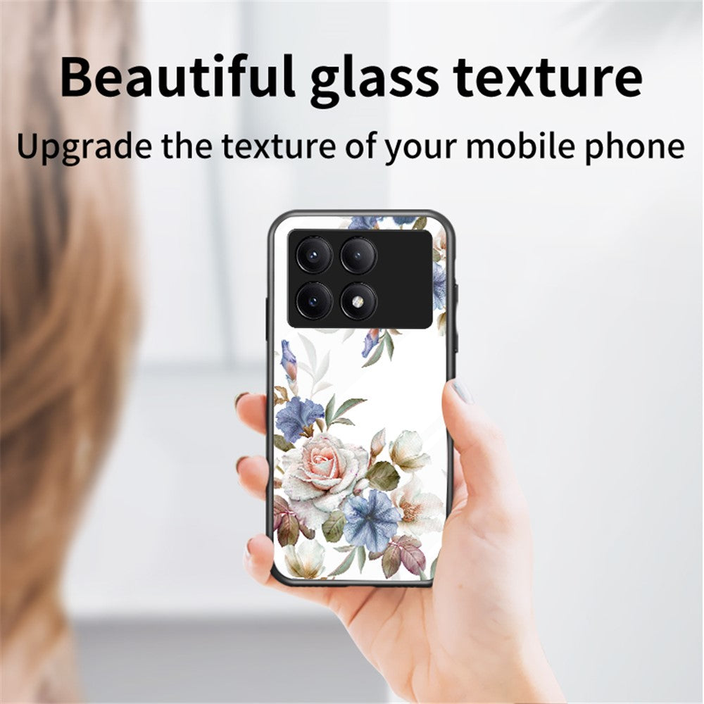 For Xiaomi Redmi K70E 5G / Poco X6 Pro 5G Case Tempered Glass Kickstand Cover Flower Pattern