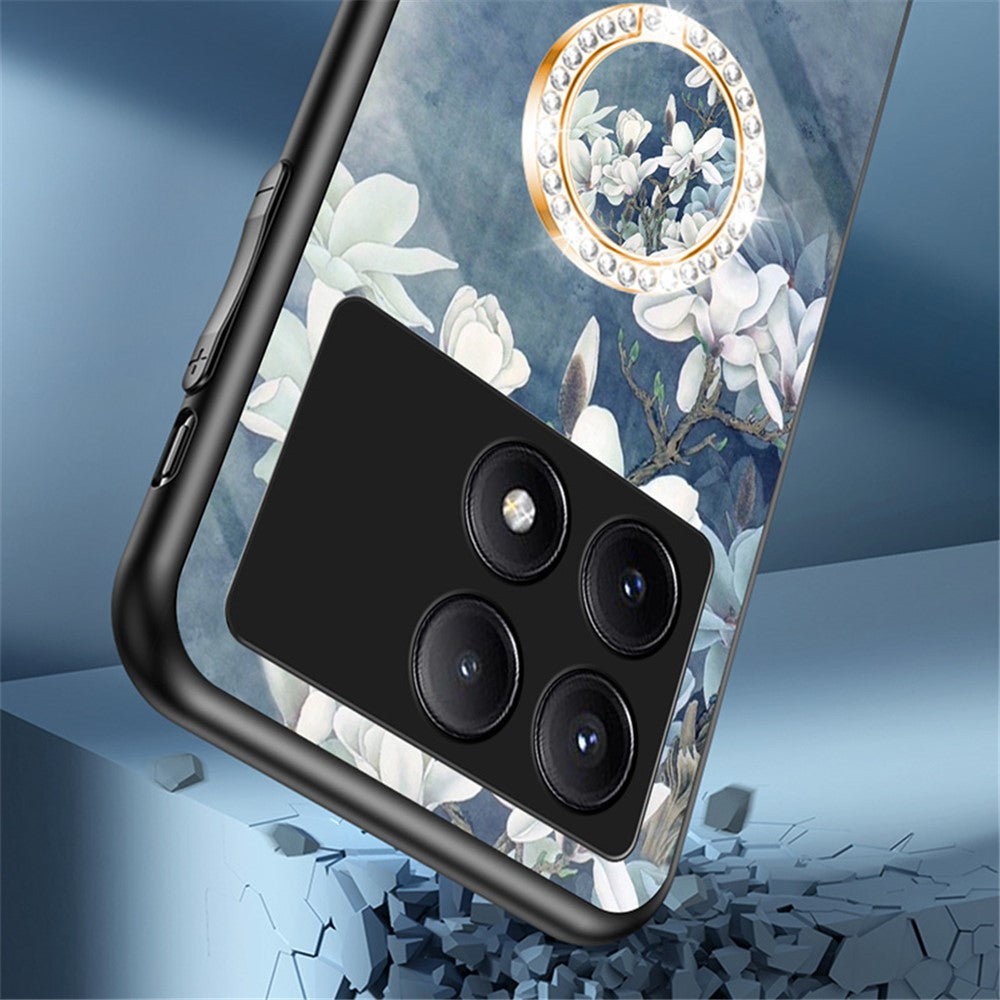 For Xiaomi Redmi K70E 5G / Poco X6 Pro 5G Case Tempered Glass Kickstand Cover Flower Pattern