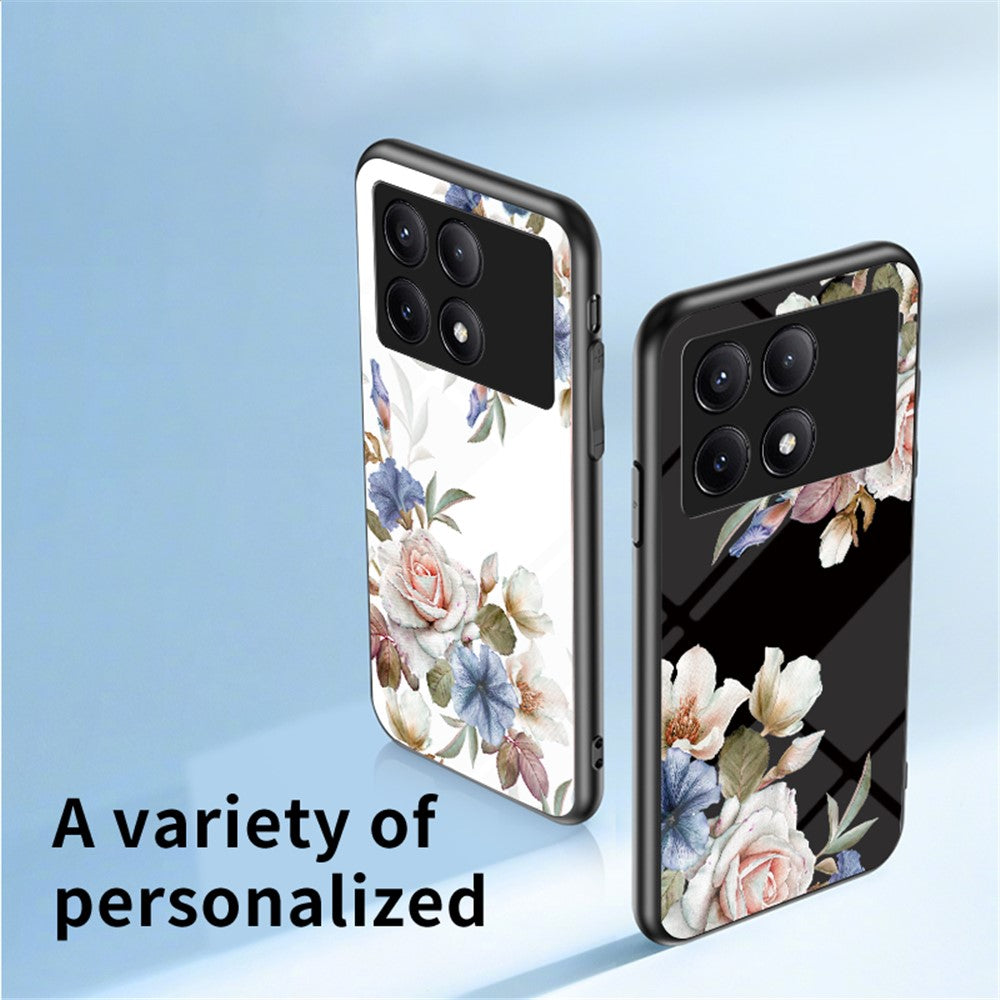 For Xiaomi Redmi K70E 5G / Poco X6 Pro 5G Case Tempered Glass Kickstand Cover Flower Pattern