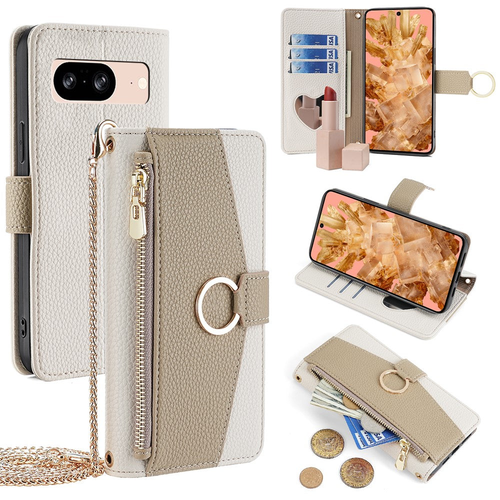 Pixel 8 Wallet-Hülle – Litschi-Textur, mit Spiegel & Kettenschultergurt