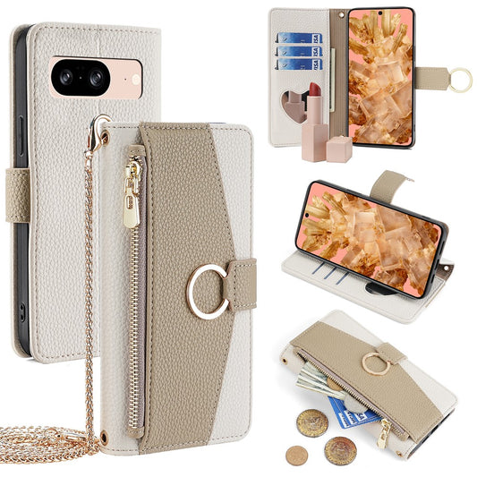 Pixel 8 Wallet-Hülle – Litschi-Textur, mit Spiegel & Kettenschultergurt