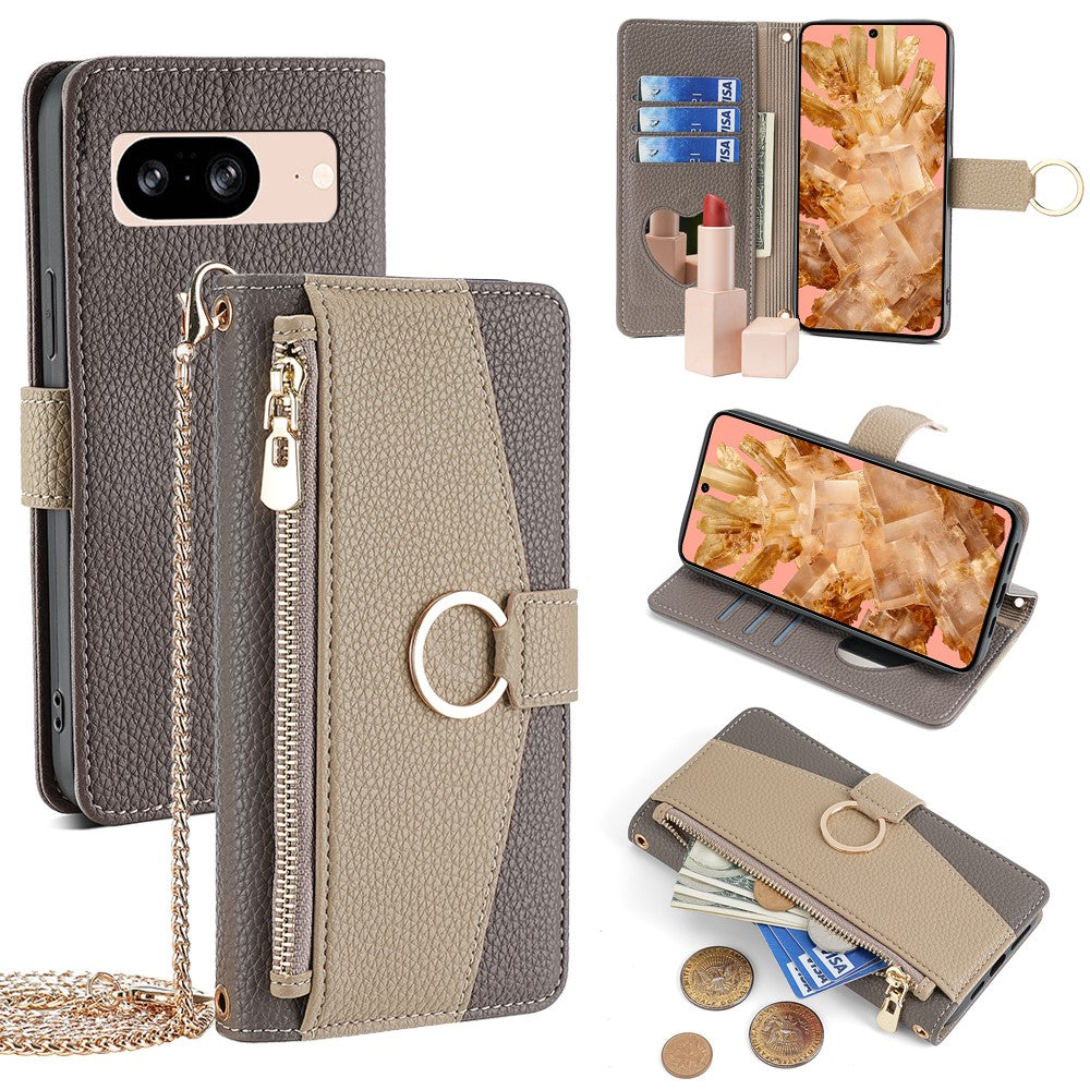 Pixel 8 Wallet-Hülle – Litschi-Textur, mit Spiegel & Kettenschultergurt