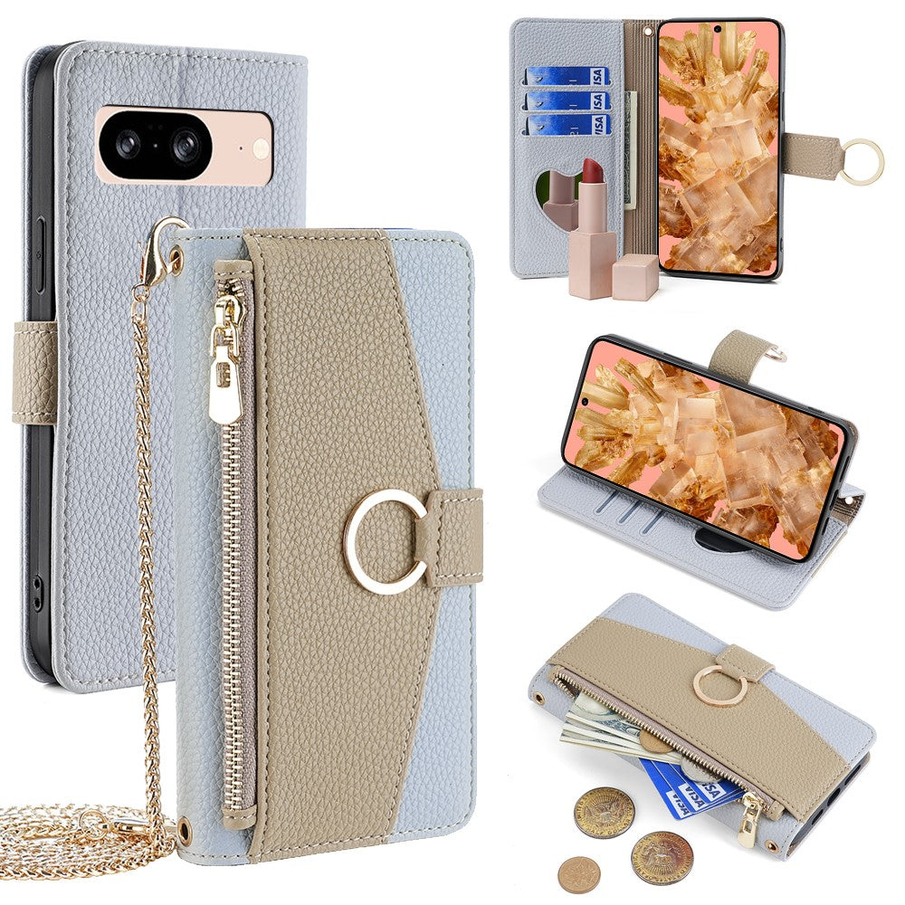 Pixel 8 Wallet-Hülle – Litschi-Textur, mit Spiegel & Kettenschultergurt