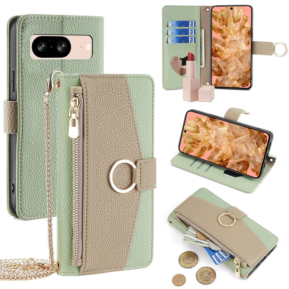 Pixel 8 Wallet-Hülle – Litschi-Textur, mit Spiegel & Kettenschultergurt