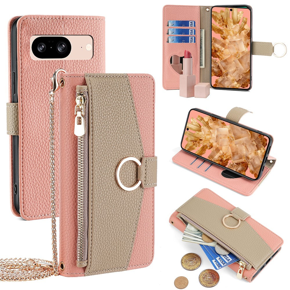 Pixel 8 Wallet-Hülle – Litschi-Textur, mit Spiegel & Kettenschultergurt