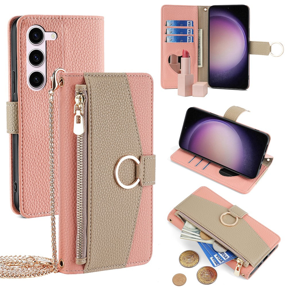 Galaxy S23 Plus Wallet-Hülle – Litschi-Textur, mit Spiegel & Kettenschultergurt