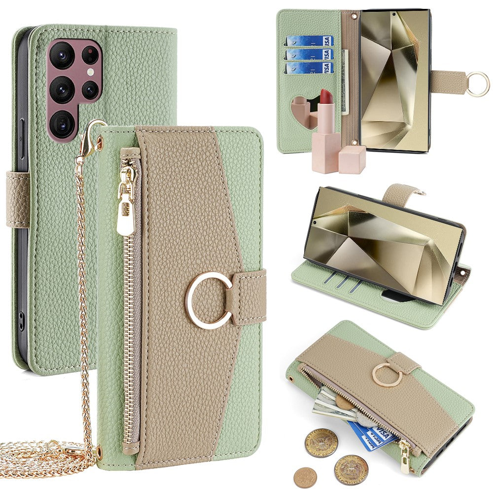 Galaxy S24 Ultra Wallet-Hülle – Litschi-Textur, mit Spiegel & Kettenschultergurt