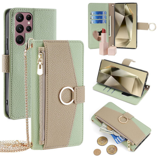 Galaxy S24 Ultra Wallet-Hülle – Litschi-Textur, mit Spiegel & Kettenschultergurt