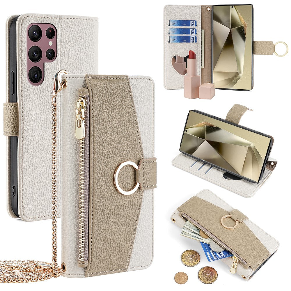 Galaxy S24 Ultra Wallet-Hülle – Litschi-Textur, mit Spiegel & Kettenschultergurt