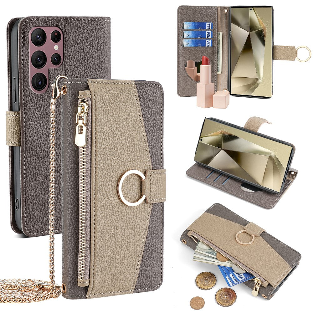 Galaxy S24 Ultra Wallet-Hülle – Litschi-Textur, mit Spiegel & Kettenschultergurt